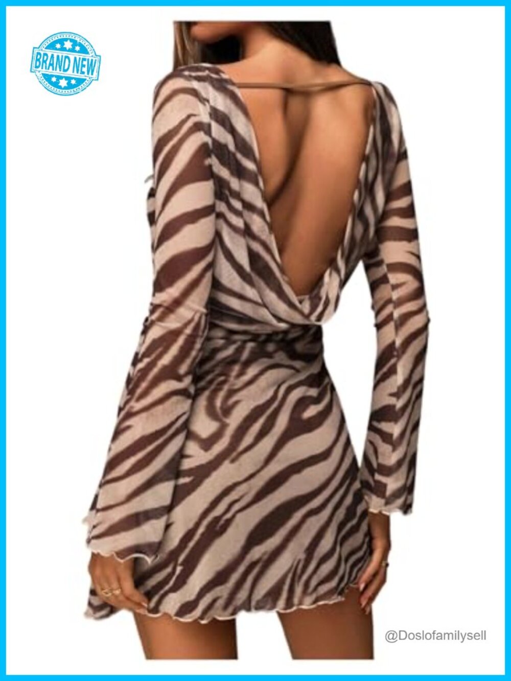 Women's Animal Print Backless Mini Dress Long Sleeve Flare Party Club